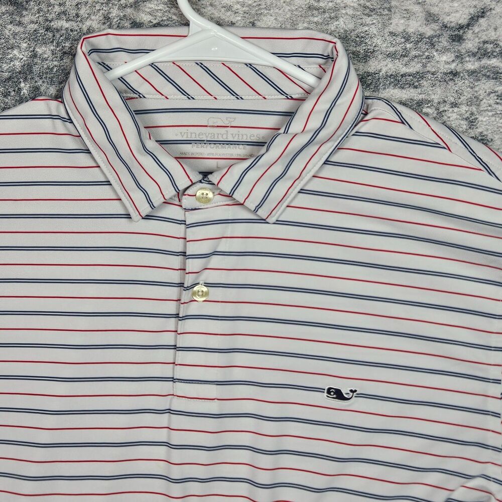 Vineyard Vines Polo Shirt Mens L White Blue Red Striped Golf Performance Stretch